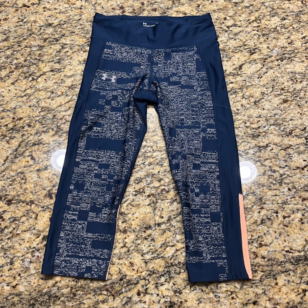 Under Armour‎ HeatGear Compression Leggings Navy Pixel Print Peach Mesh Womens M